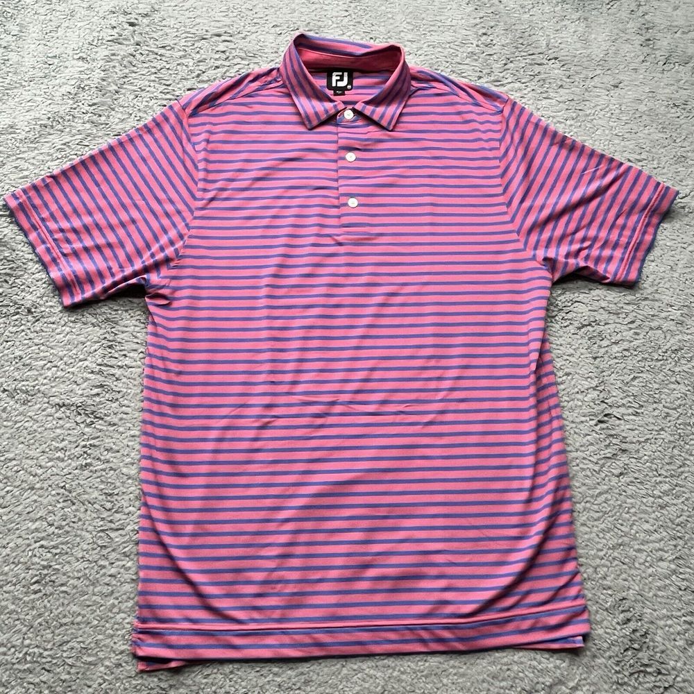 FootJoy‎ Peformance Polo Mens M Stretch Golf Shirt Pink w/ Blue Stripes